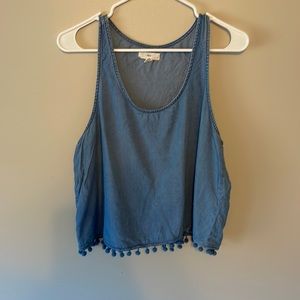 TGLA Denim Pom Pom Trim Cropped Tank Top (Size L)